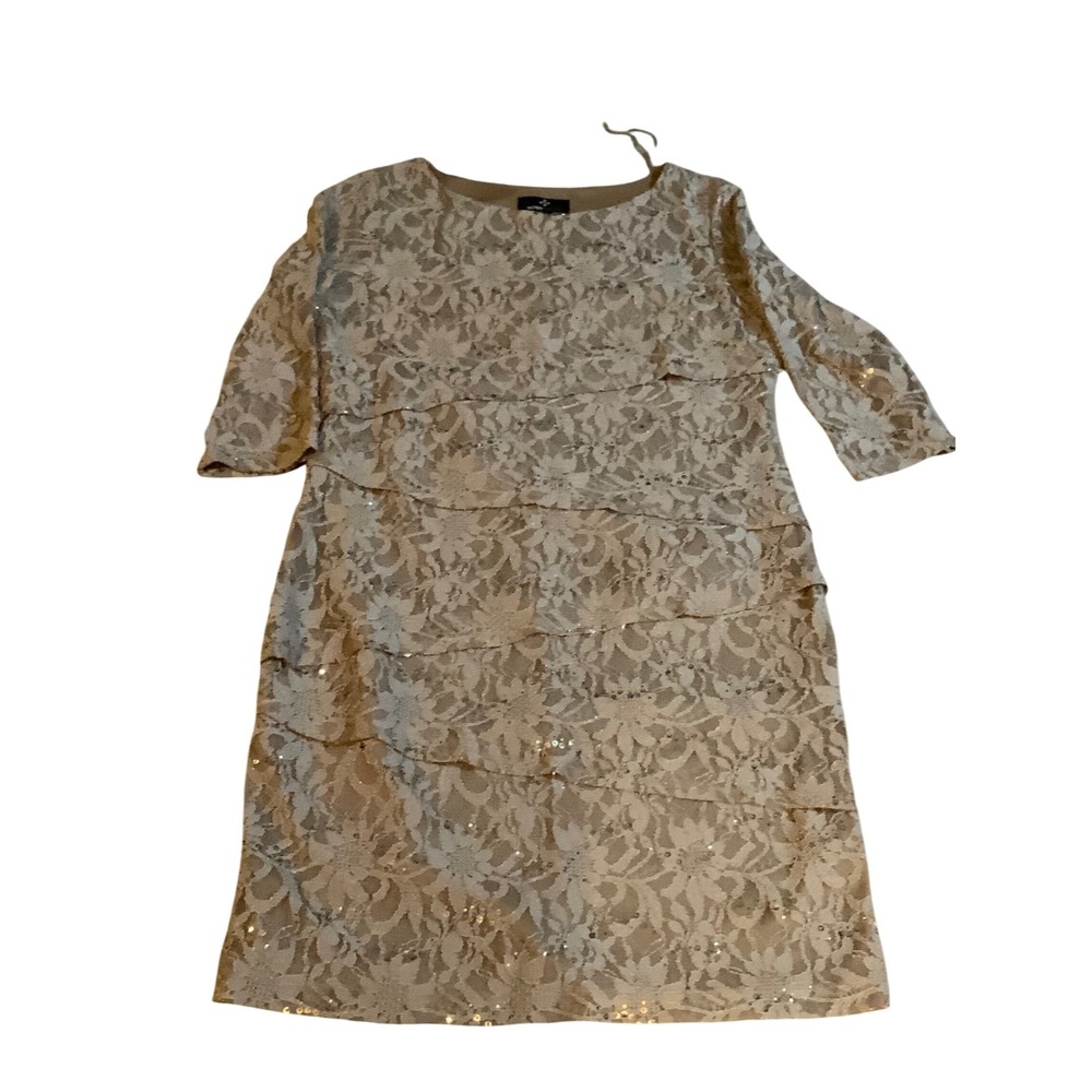 Ronni Nicole Womens Lace Sequin Tiered Cocktail Dress Tan Ivory Size 16